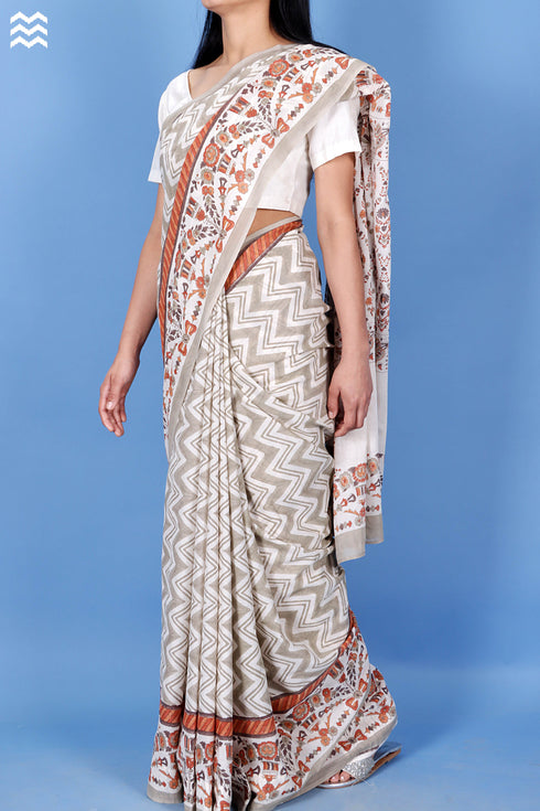 Mulmul Cotton Saree With Fall In Zigzag Block Print